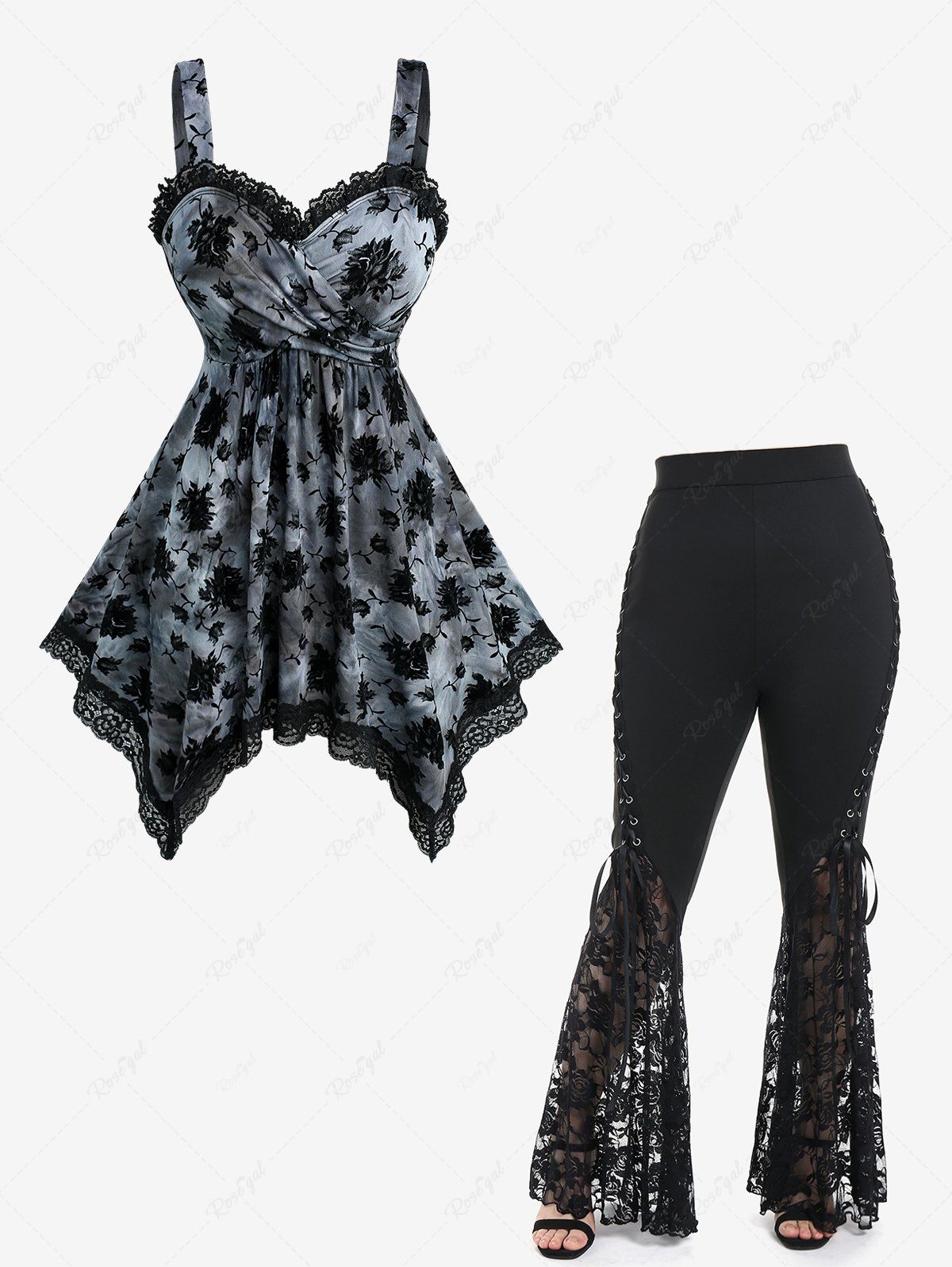Sale Floral Flocking Tie Dye Crossover Handkerchief Top and Lace Flare Pants Plus Size Outfit  