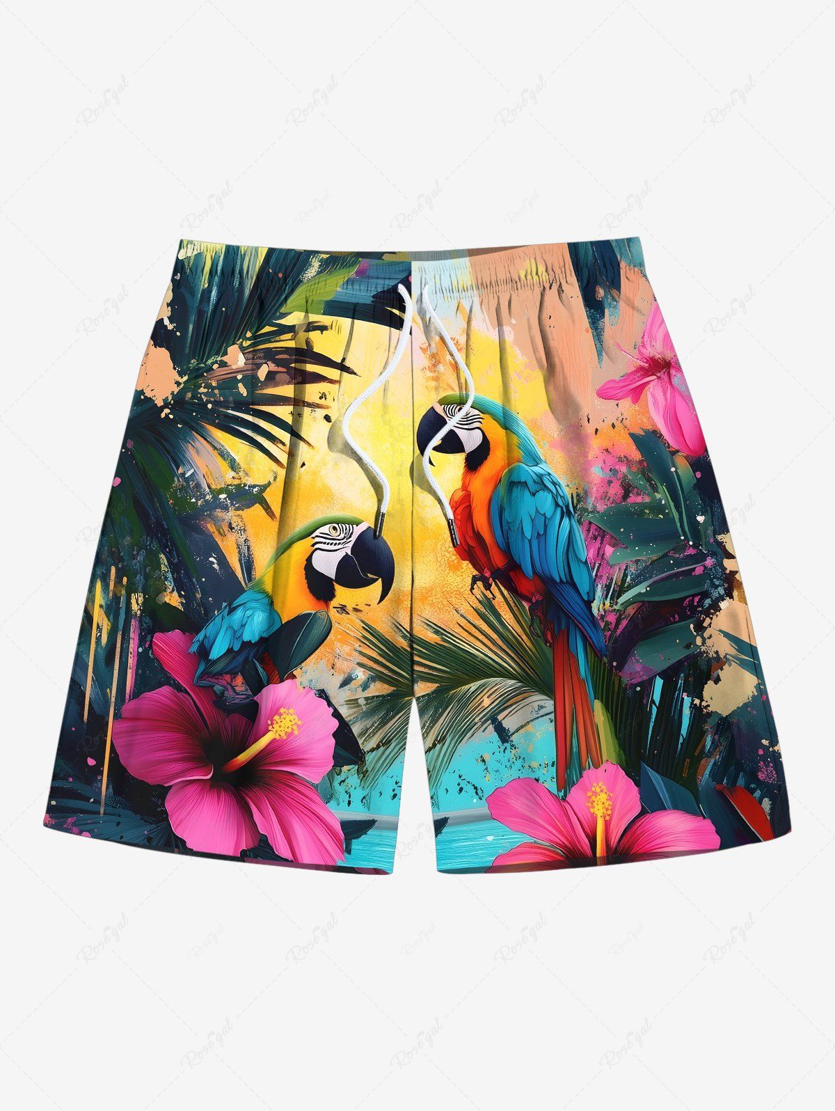 Short de Plage Hawaïen Peinture D'Encre Perroquet et Feuille Tropicale Imprimés de Grande Taille à Cordon Multi-A 8XL