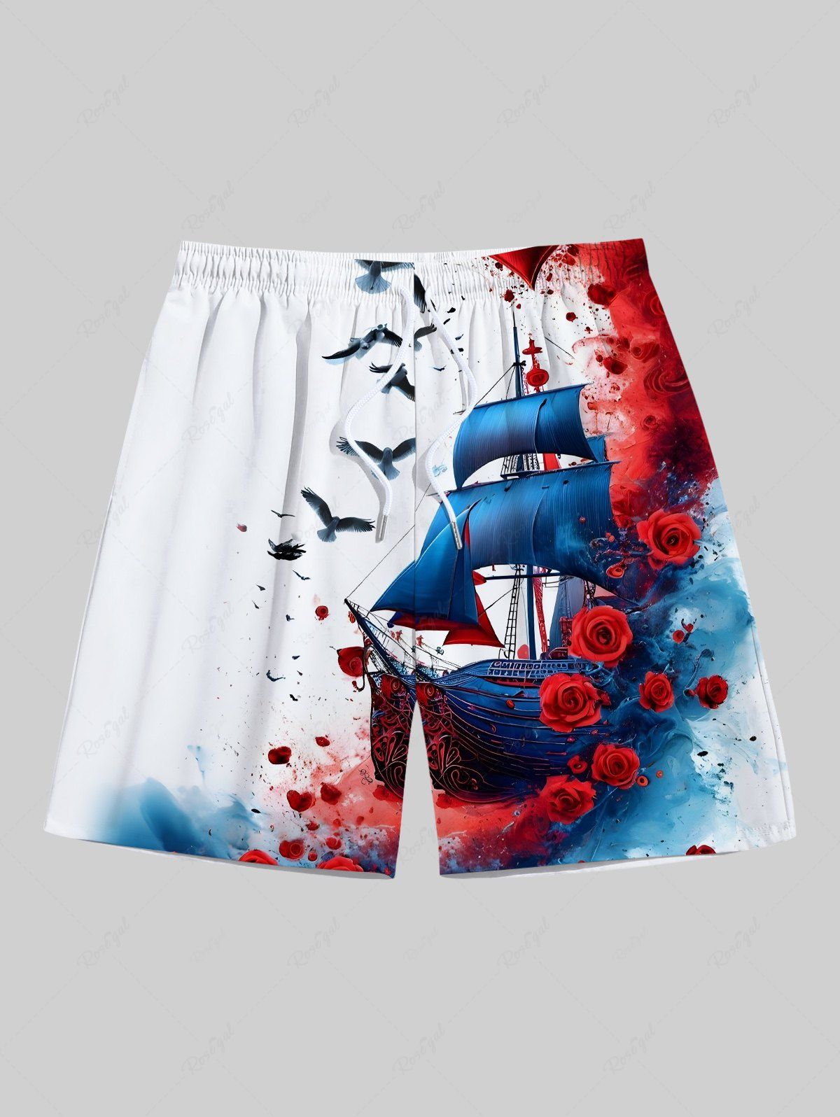Short de Plage Hawaiien Rose et Oiseaux Imprimés de Grande Taille avec Cordon Blanc 8XL