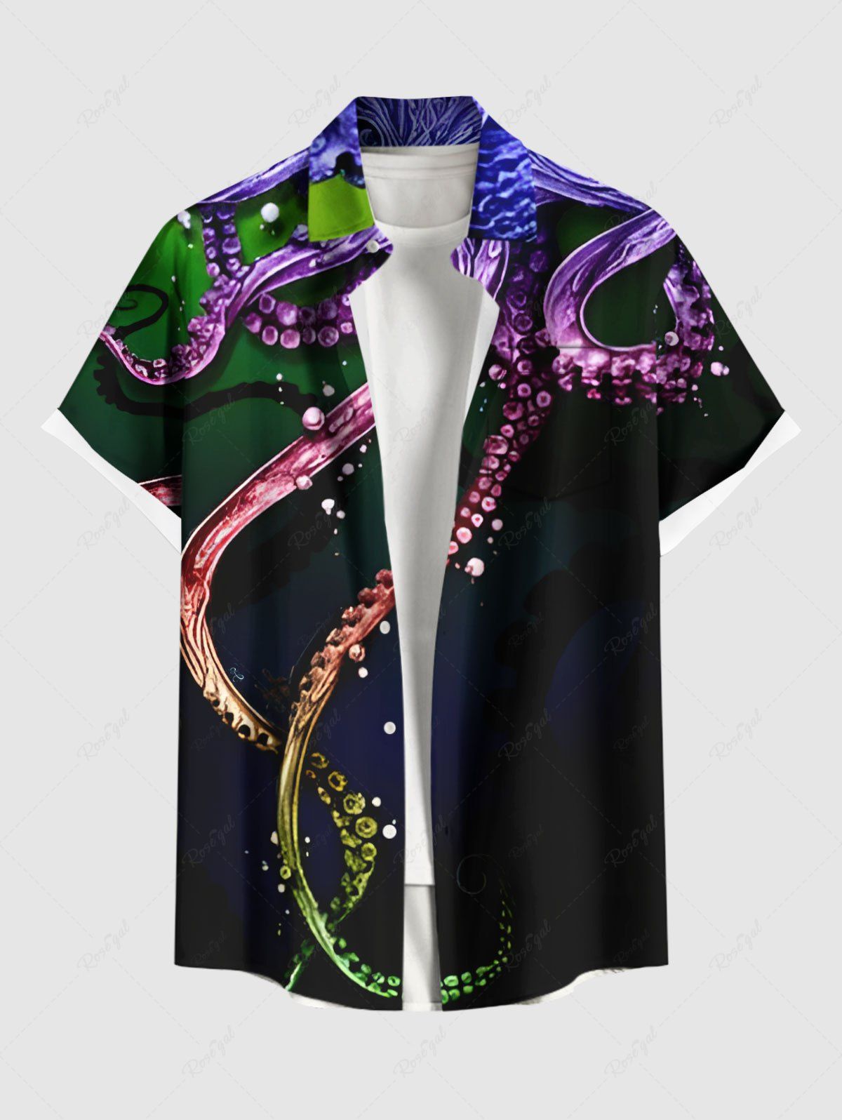 Chic Plus Size Colorful Octopus Bubble Seabed Print Hawaii Button Pocket Shirt For Men  