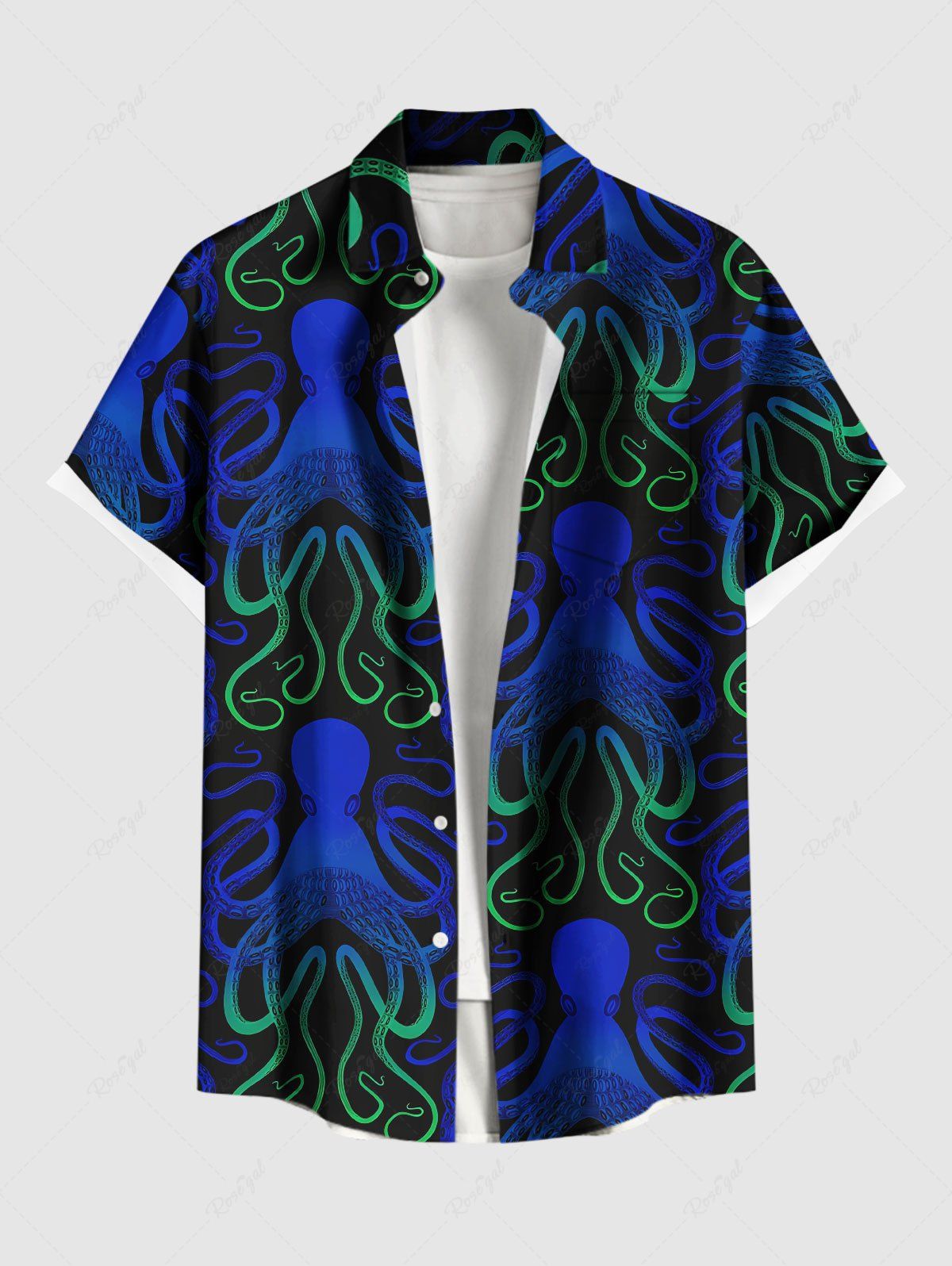 New Plus Size Ombre Octopus Print Hawaii Button Pocket Shirt For Men  