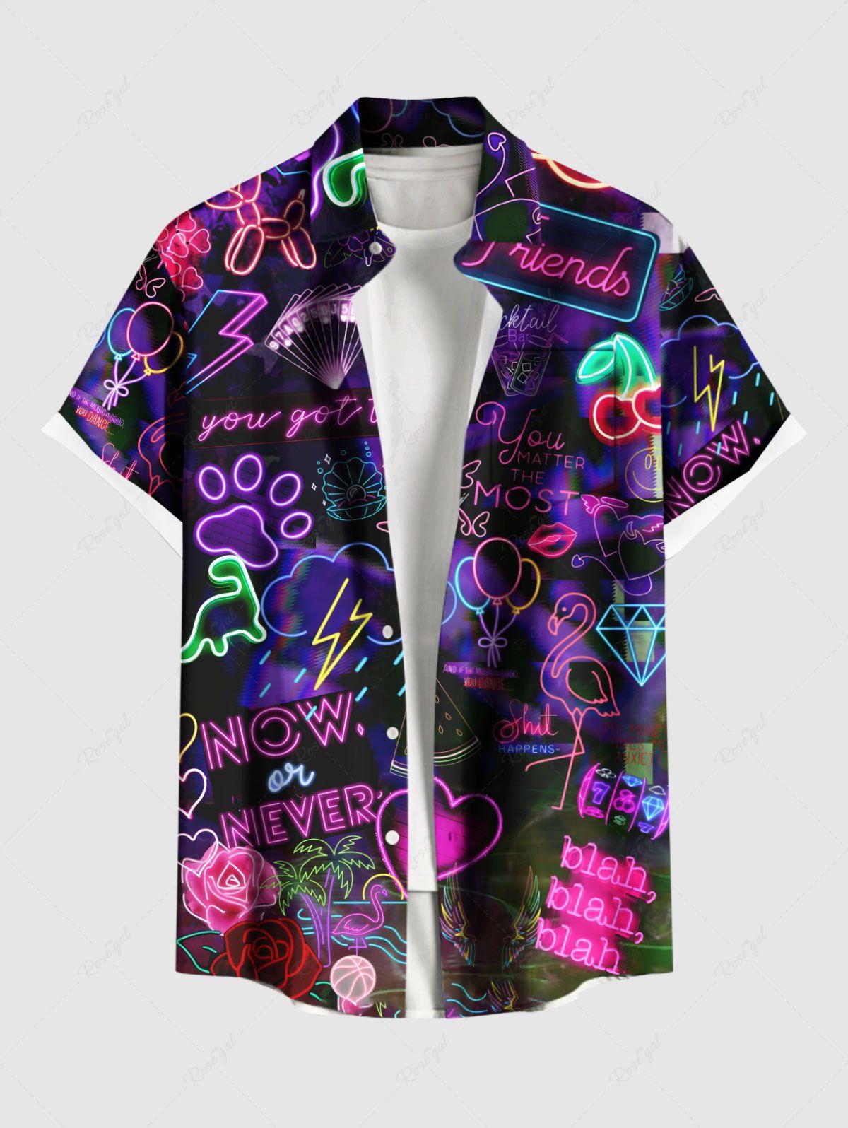 Shops Plus Size Glitter Neon Ombre Heart Rose Flower Dog Balloon Flamingo Dinosaur Print Hawaii Button Pocket Shirt For Men  