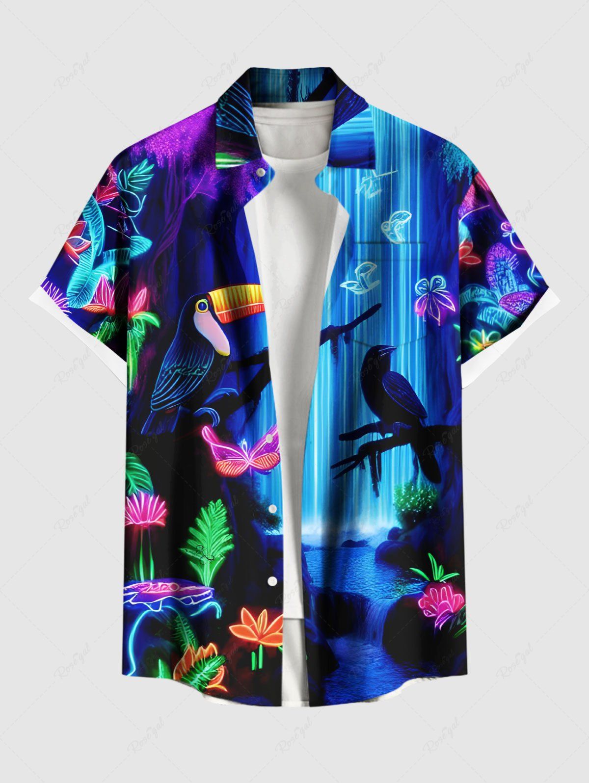 Chemise grande taille à paillettes, motif floral, plante, perroquet, papillon, automne, imprimé hawaïen, ombré, boutonné, poche, pour homme Bleu 6XL