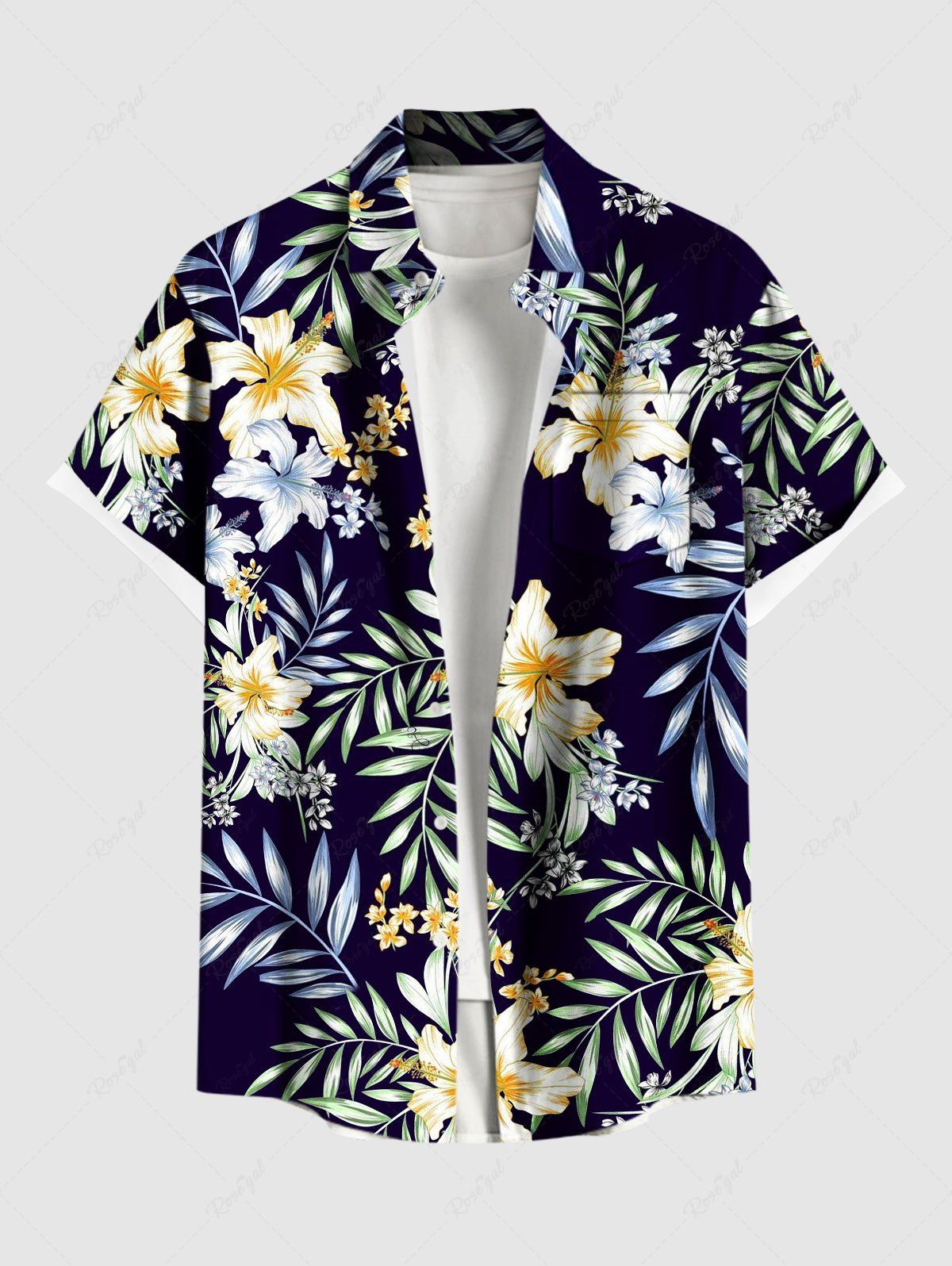 Hot Plus Size Lily Flower Leaf Branch Print Hawaii Button Pocket Shirt For Men  