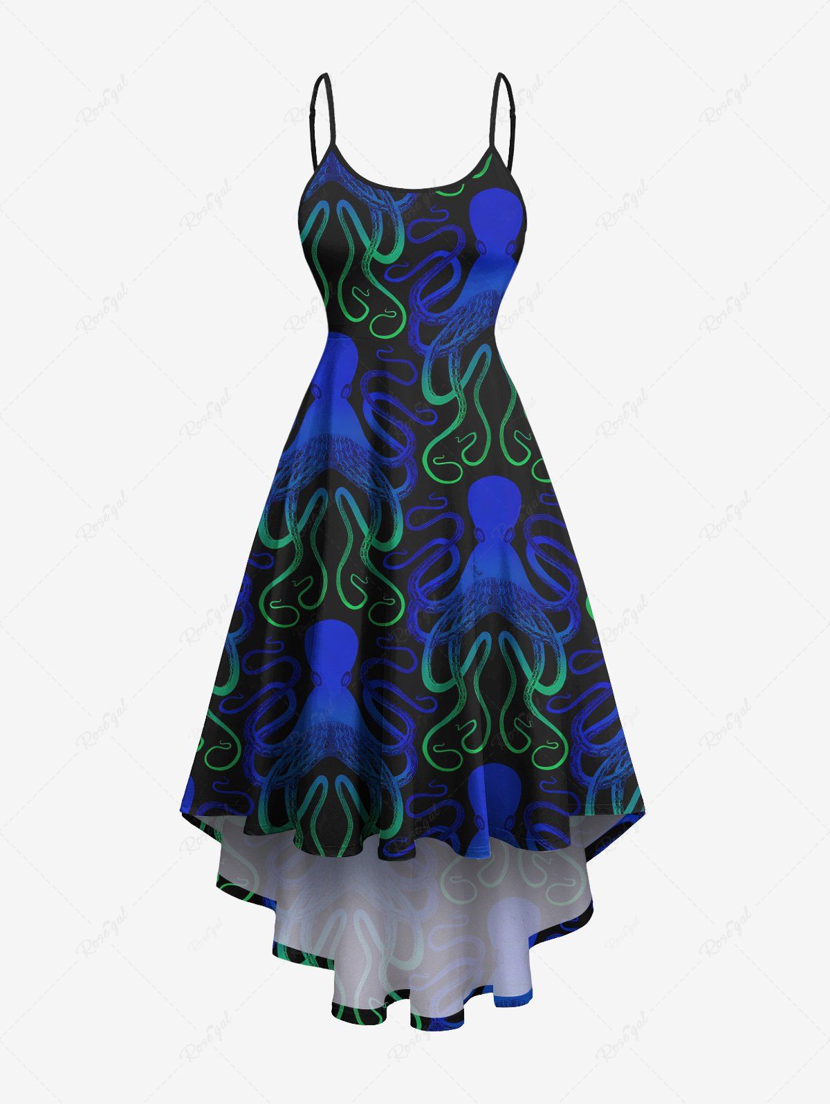 Latest Plus Size Ombre Octopus Print Hawaii High Low Asymmetric Cami Dress  