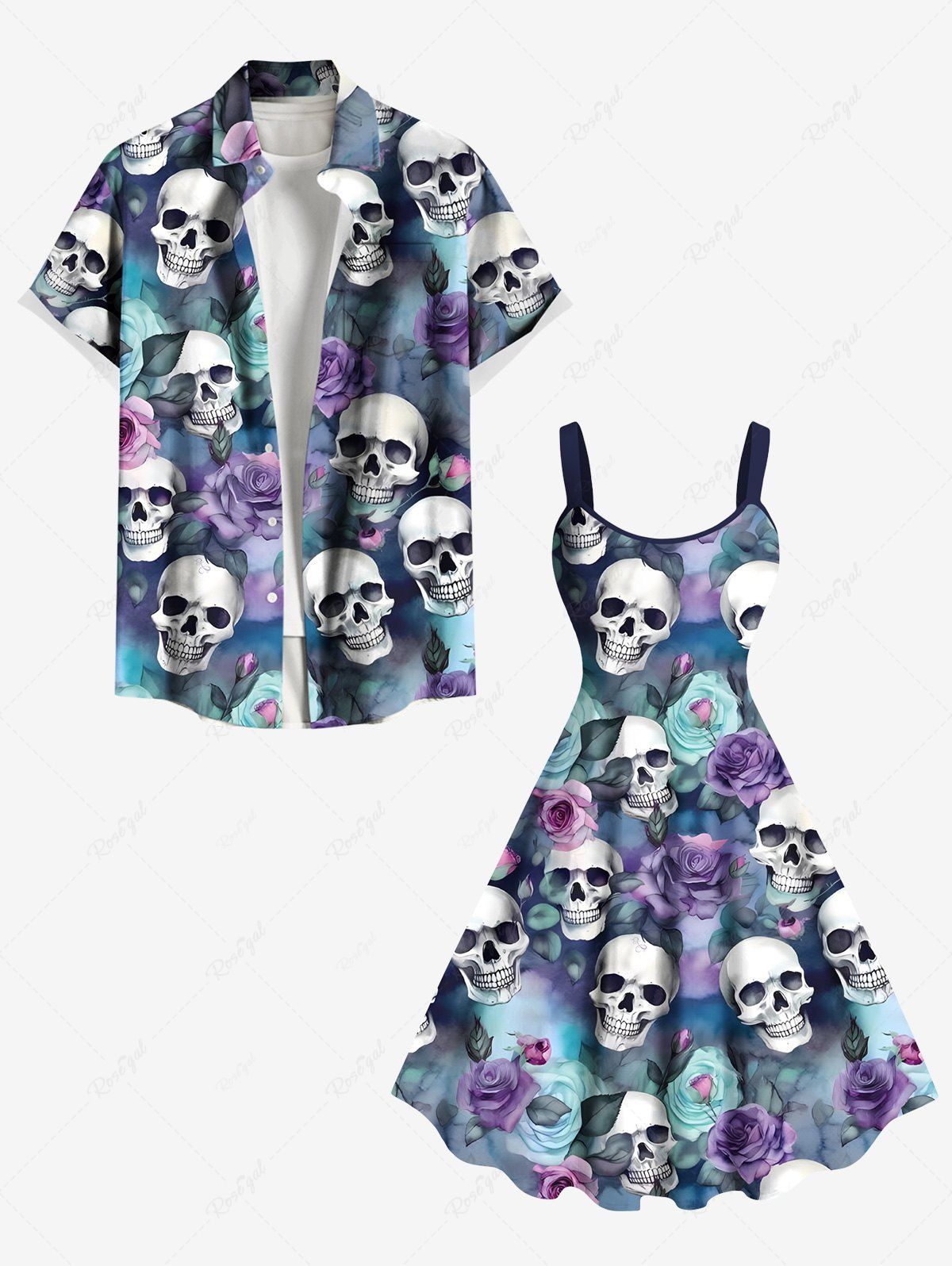 Tenue de Plage Grande Taille Imprimé Rose et Crâne Assortis pour Couples Bleu clair 