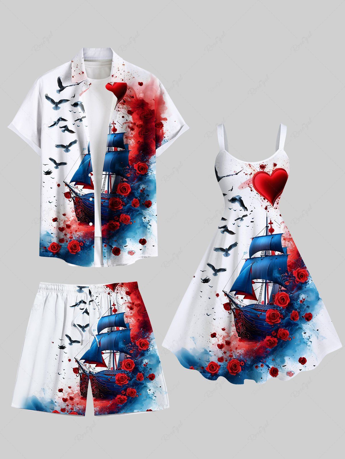 Costume de Plage Grande Taille Imprimé Peinture Rose et Oiseaux pour Couples Blanc 