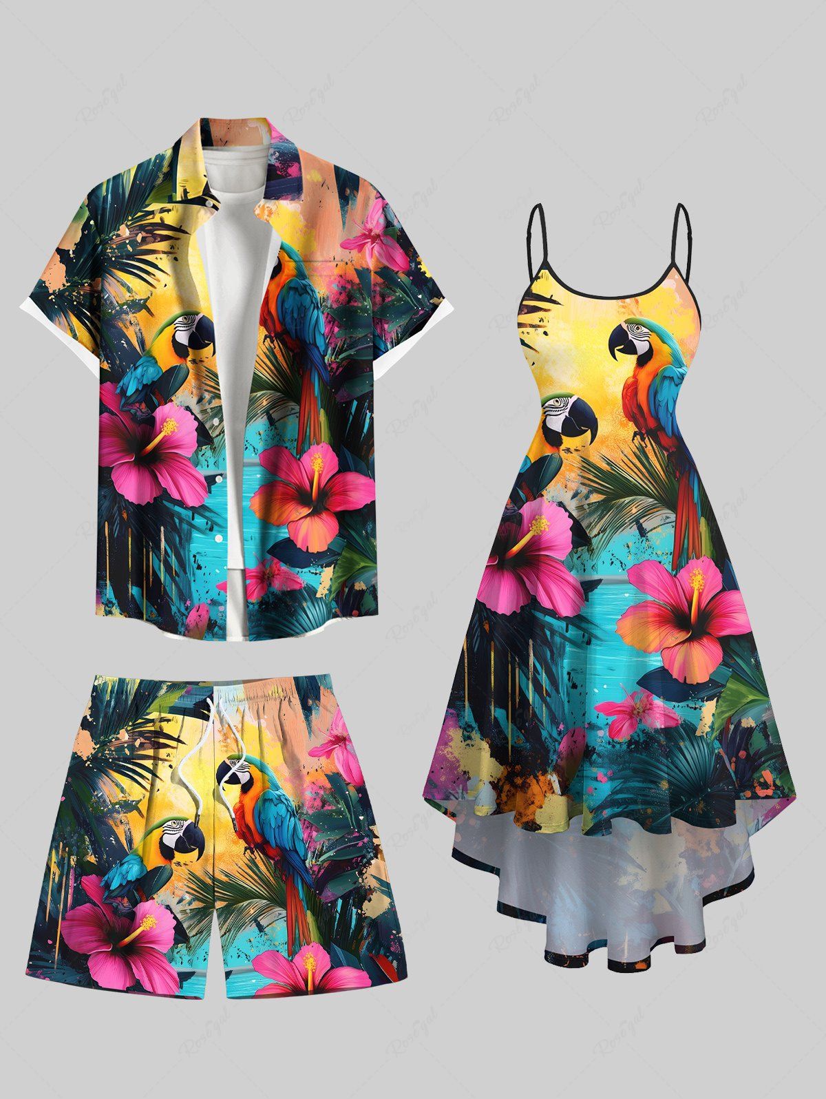 Contrastant Imprimé Perroquet Tropical Grande Taille Costume de Plage Rouleau pour Couples Jaune 