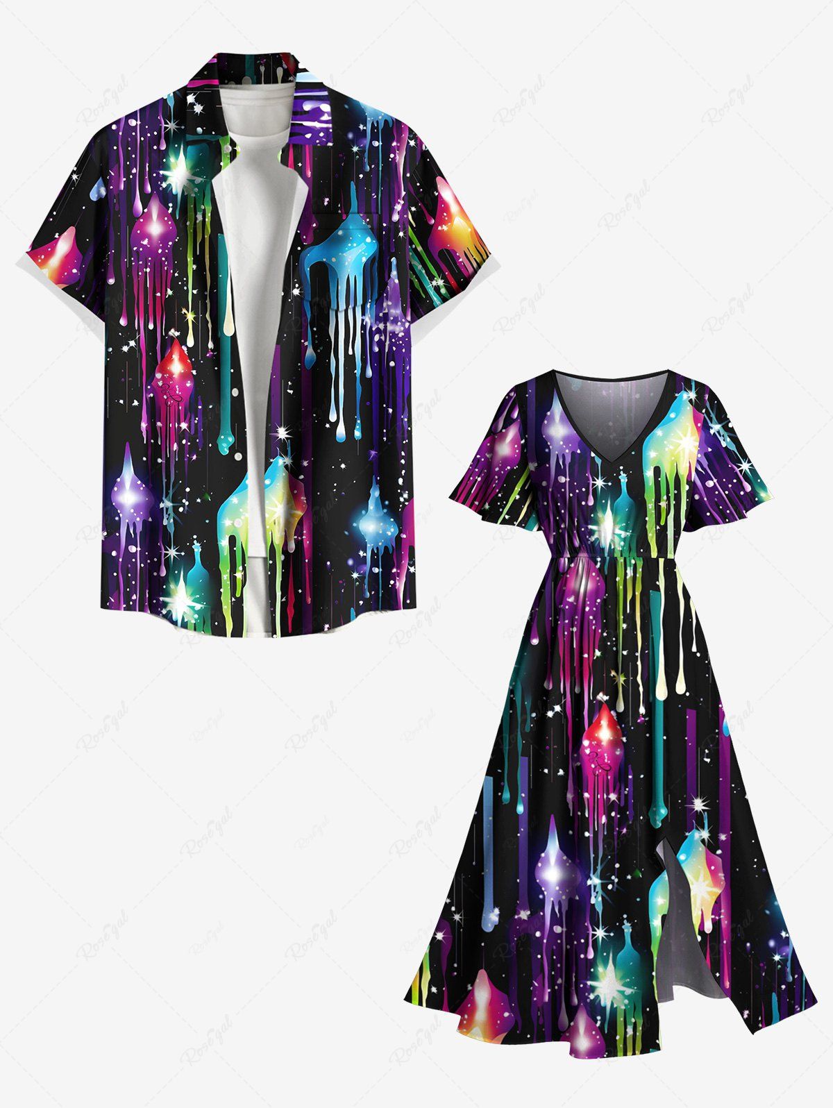 Tenue Brillante à Imprimé Peinture Colorée et Etoiles Brillantes Grande-Taille pour Femmes Noir 