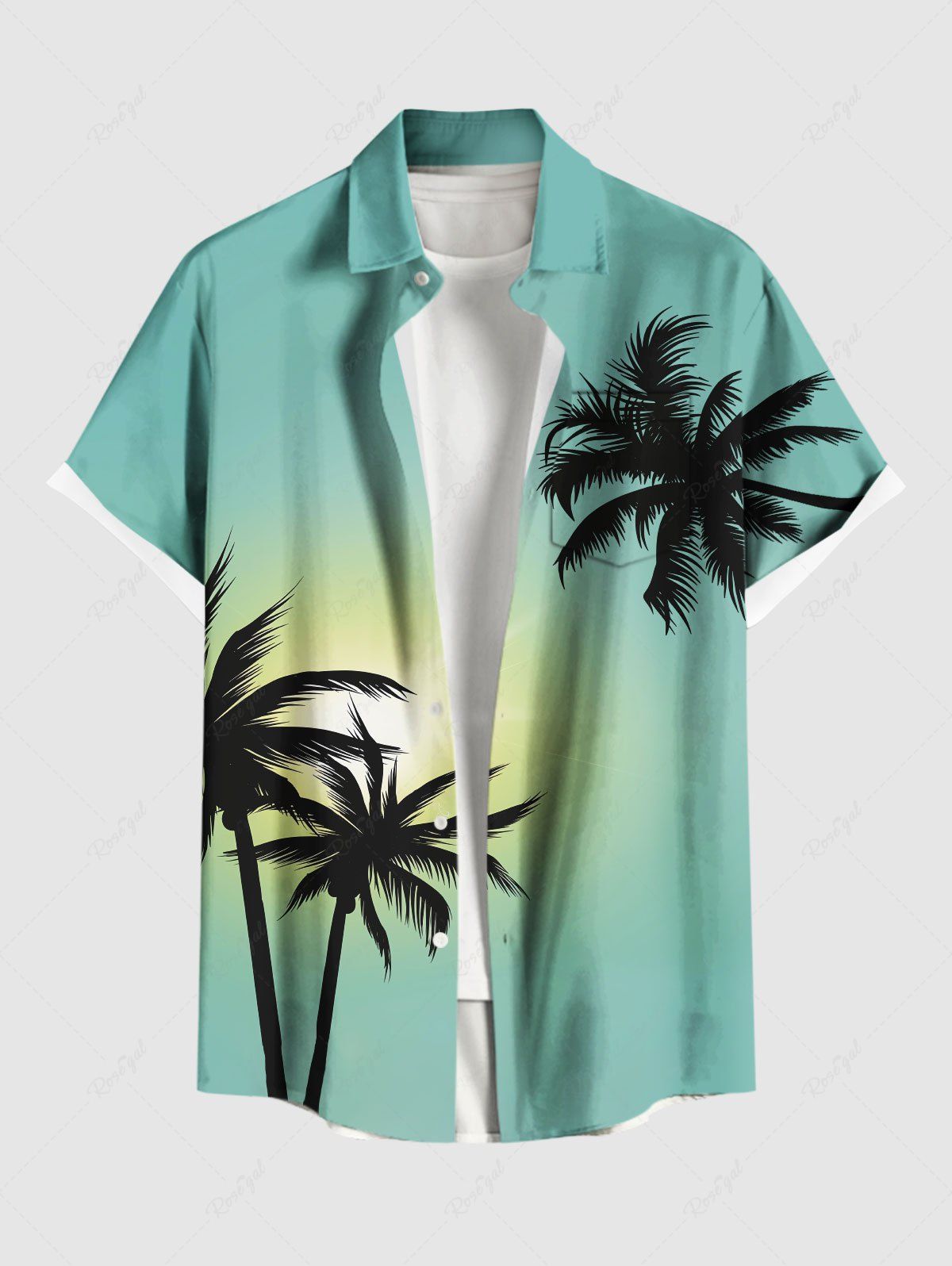 Chic Plus Size Coconut Tree Sun Ombre Print Buttons Pocket Hawaii Shirt For Men  
