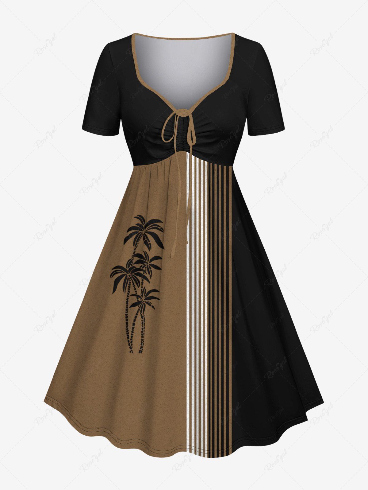 Fashion Plus Size Coconut Tree Stripes Colorblock Print Cinched Hawaii Dress  