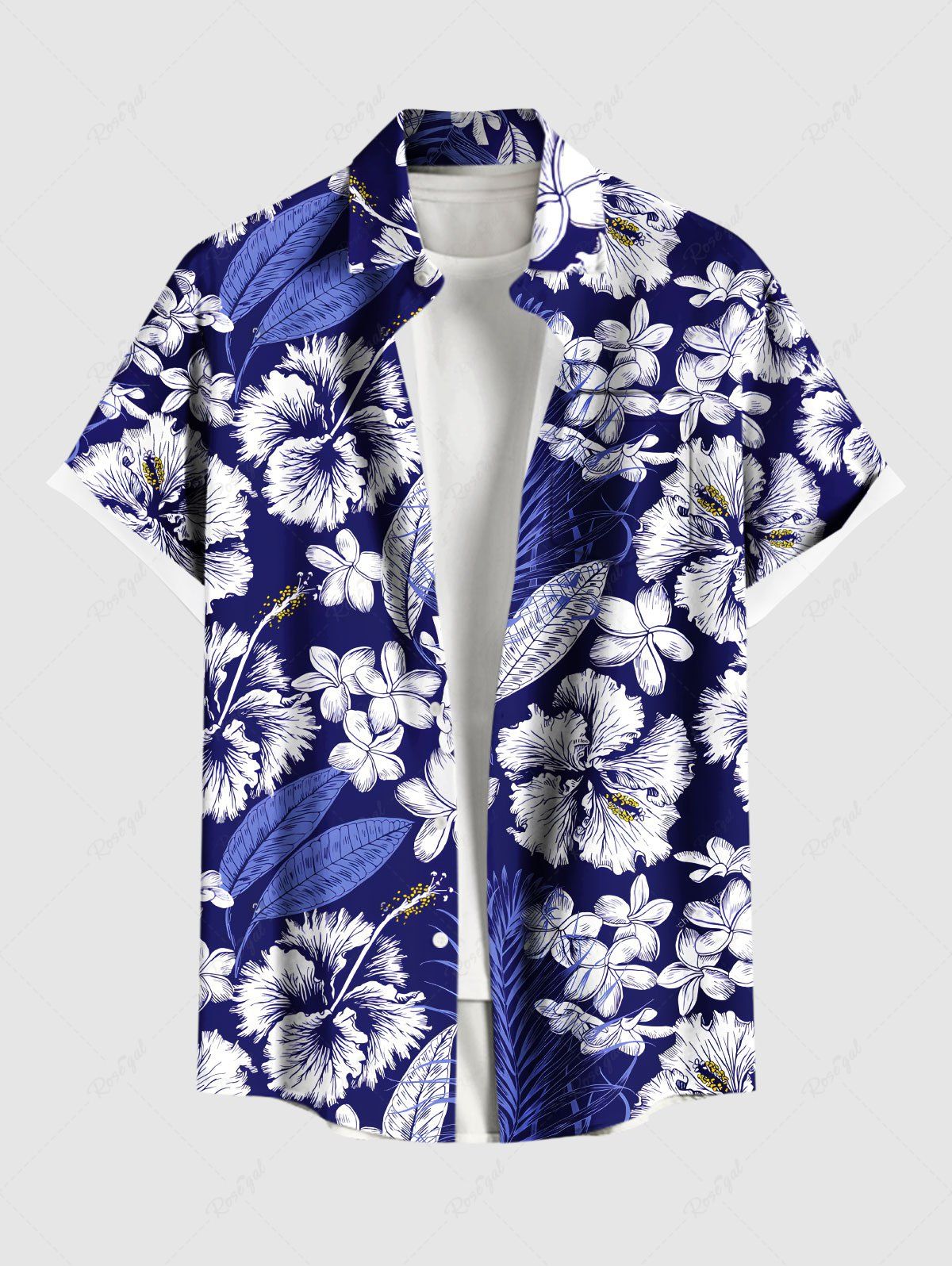 Sale Plus Size Tropical Flower Leaf Print Buttons Pocket Hawaii Shirt For Men  