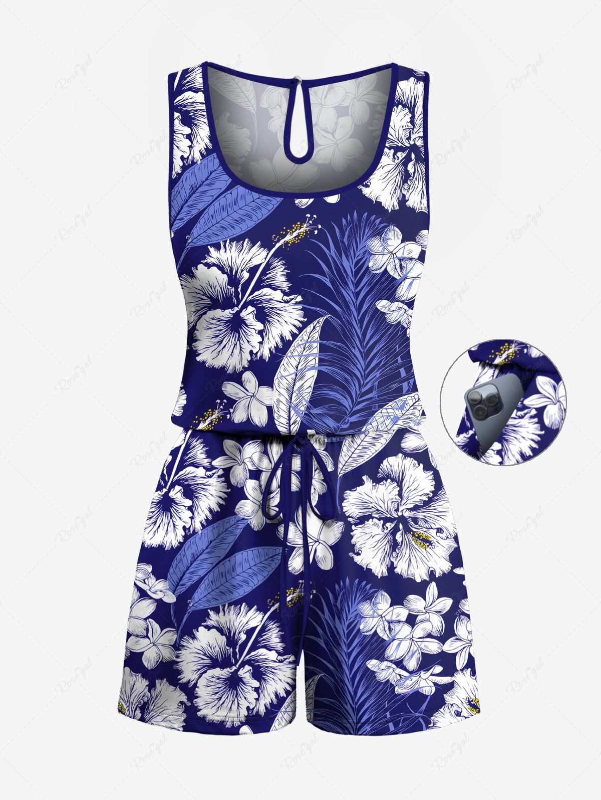 Online Plus Size Tropical Flower Leaf Print Cinched Hawaii Jumpsuit  