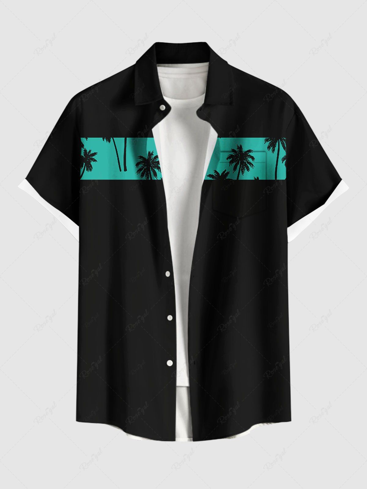 Fancy Plus Size Coconut Tree Colorblock Print Buttons Pocket Hawaii Shirt For Men  