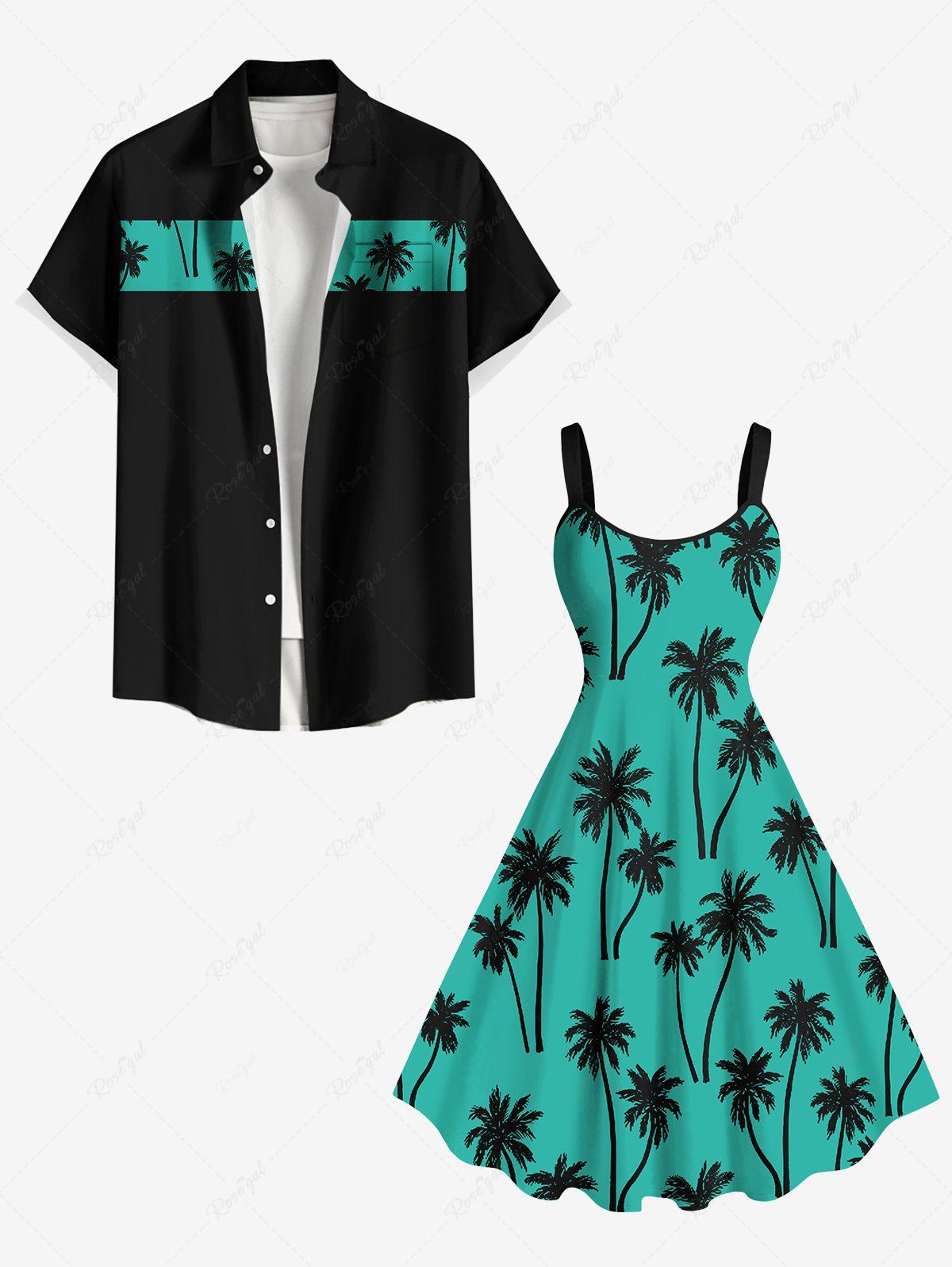 Tenue de Plage Contrastante Imprimé Cocotier Grande Taille pour Couples Vert 