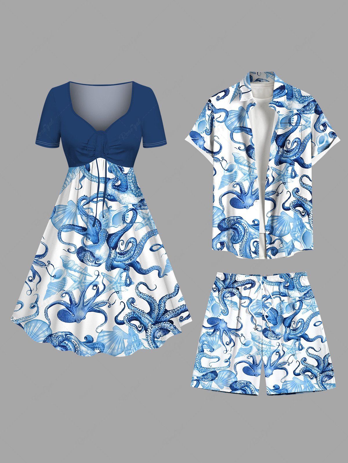 Latest Octopus Shell Starfish Conch Cruise Print Plus Size Matching Outfit For Couples  
