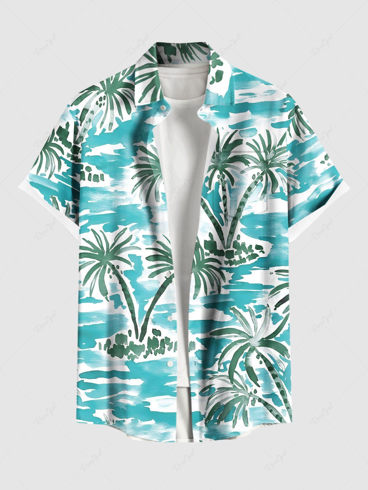 Cheap Plus Size Coconut Tree Sea Waves Watercolor Print Buttons Pocket Hawaii Shirt For Men  