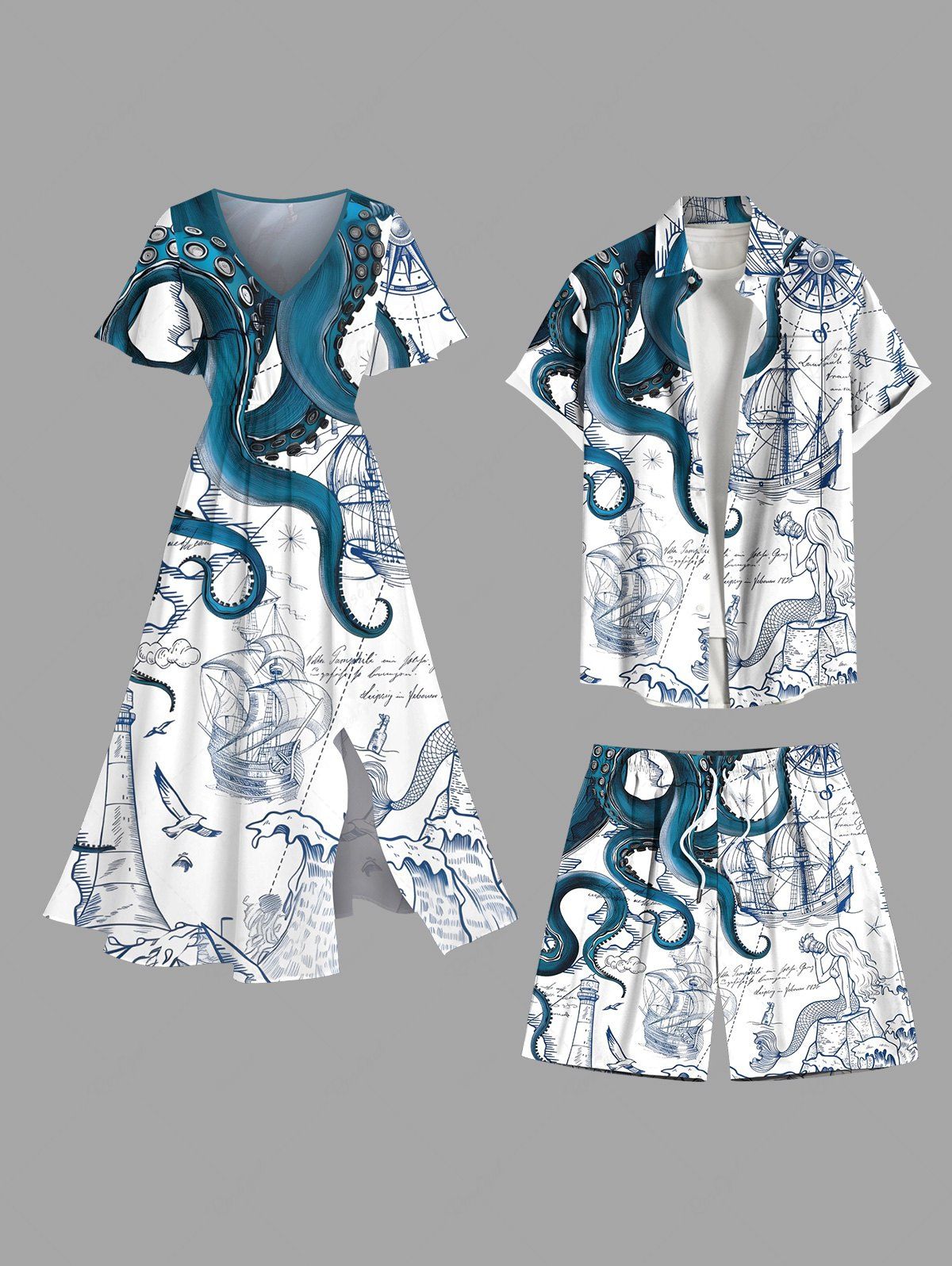 Best Octopus Sailboat Starfish Mermaid Cruise Print Plus Size Matching Outfit For Couples  