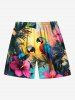 Short de Plage Hawaïen Peinture D'Encre Perroquet et Feuille Tropicale Imprimés de Grande Taille à Cordon - Multi-A 8XL