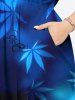 Robe Mi-Longue Linge A Fendue Feuille D'Erable Ombre Imprimée de Grande Taille avec Poche - Bleu profond S