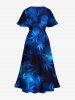 Robe Mi-Longue Linge A Fendue Feuille D'Erable Ombre Imprimée de Grande Taille avec Poche - Bleu profond S