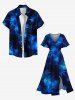 Robe Mi-Longue Linge A Fendue Feuille D'Erable Ombre Imprimée de Grande Taille avec Poche - Bleu profond S