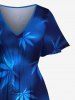 Robe Mi-Longue Linge A Fendue Feuille D'Erable Ombre Imprimée de Grande Taille avec Poche - Bleu profond 3X