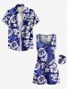 Combinaison Sanglée Fleur Feuille Tropicale Imprimée de Grande Taille - Bleu profond 3X