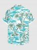 Plus Size Coconut Tree Sea Waves Watercolor Print Buttons Pocket Hawaii Shirt For Men -  