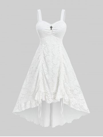 Lace Bolero Cardigan and Cinched Ruched Cross High Low Asymmetric Solid Dress Plus Size Outfit