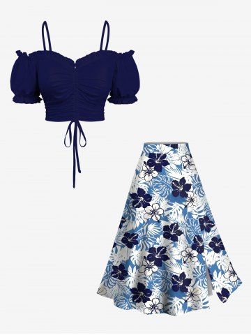 Solid Cinched Cami Top and Tropical Leaves Floral Print Split A Line Skirt Plus Size Matching Set - BLUE