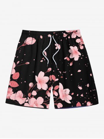 Plus Size Floral Petal Print Hawaii Drawstring Beach Shorts For Men