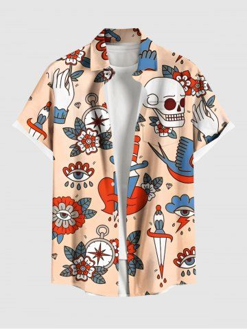Chemise avec Boutons et Poche Motif Cœur Épée et Oiseau à Imprimé Floral Grande-Taille pour Hommes