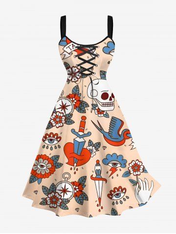 Plus Size Skull Floral Clock Sword Heart Bird Print Hawaii Lace Up A Line Tank Dress - APRICOT - M