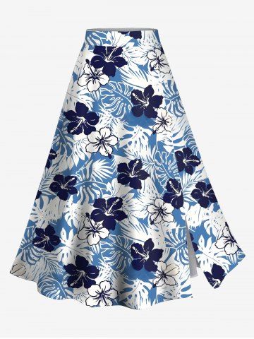 Plus Size Tropical Leaves Floral Print Hawaii Split A Line Skirt - BLUE - M