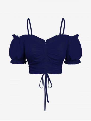 Plus Size Cold Shoulder Puff Sleeve Solid Cinched Cami Top - BLUE - 2X