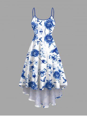 Plus Size Ombre Floral Leaves Branch Print Hawaii High Low Asymmetric Cami Dress - BLUE - 3X