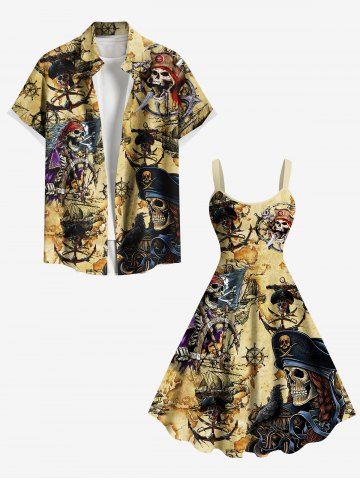 Maillot de Plage Grande Taille Imprimé Gouvernail et Carte de Pirate pour Couples - LIGHT COFFEE