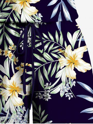 Plus Size Lily Flower Leaf Branch Print Hawaii Drawstring Pocket Jumpsuit