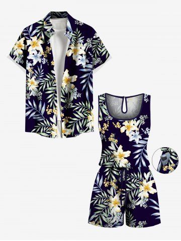 Lily Flower Leaf Branch Print Plus Size Matching Hawaii Beach Outfit For Couples