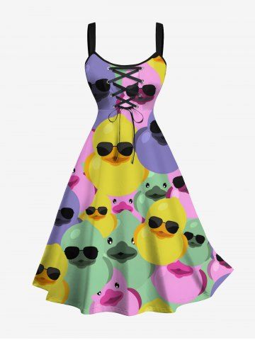 Plus Size Colorful Ducks Print Lace Up Panel Hawaii Tank Dress - MULTI-A - 5X