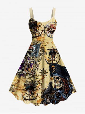Plus Size Skull Pirate Anchor Ship Rudder Map Cruise Print Tank Dress - LIGHT COFFEE - 3X