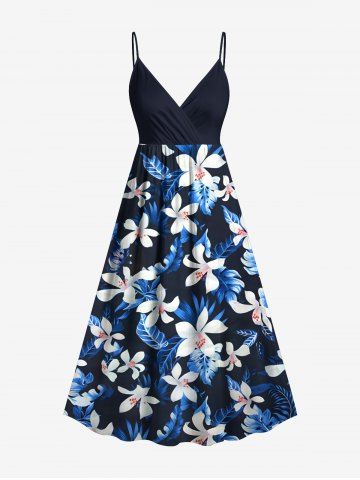 Plus Size Flowers Leaf Print Surplice Hawaii Cami Dress - BLUE - 2X