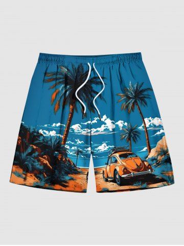 Plus Size Coconut Tree Car Cloud Seascape Print Hawaii Beach Shorts For Men