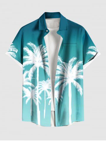 Plus Size Coconut Tree Dip Dye Ombre Print Hawaii Button Pocket Shirt For Men - GREEN - XL