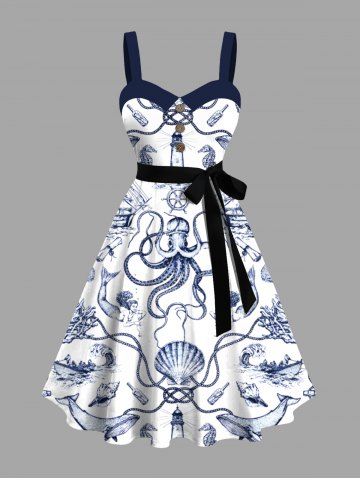 Plus Size Octopus Shell Shark Sailboat Mermaid Coral Lighthouse Cruise Print Hawaii A Line Dress with Removable Belt - WHITE - M
