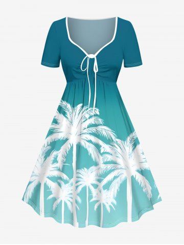 Plus Size Coconut Tree Dip Dye Ombre Print Hawaii Cinched A Line Dress - GREEN - M