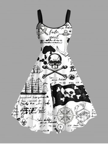 Plus Size Ink Painting Skull Compass Rudder Letter Sailboat Cruise Print Hawaii A Line Tank Dress - WHITE - 6X