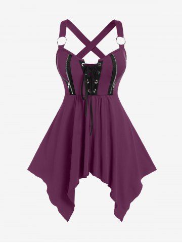 Plus Size Lace Up Zipper Crisscross Handkerchief Tank Top - LIGHT PURPLE - 4X | US 26-28