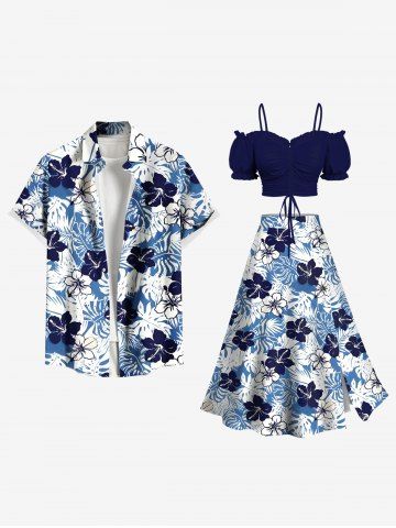 Floral Tropical Leaves Print Plus Size Matching Hawaii Beach Outfit For Couples